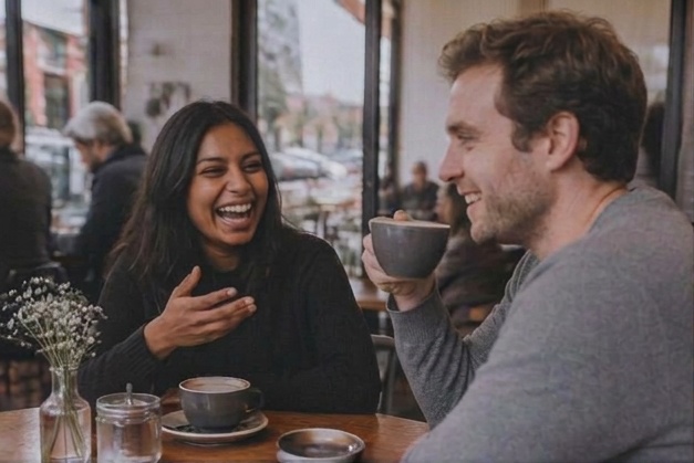 A couple sharing a laugh over coffee