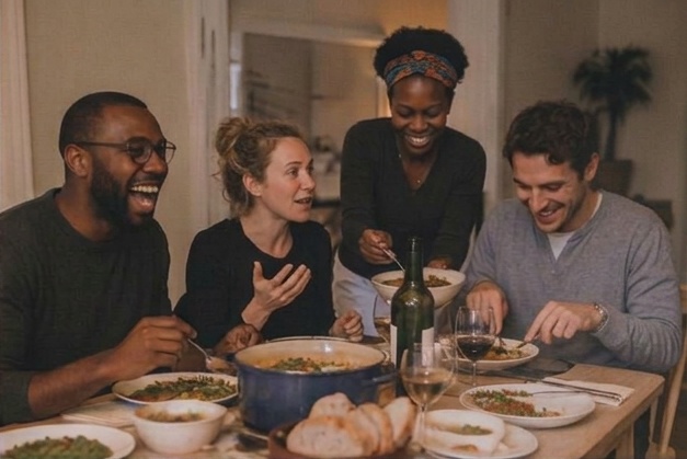 Two couples laughing at dinner